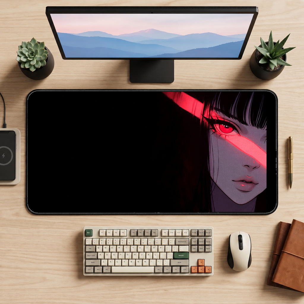 Red Lit Anime Portrait desk mat — product mockup 2