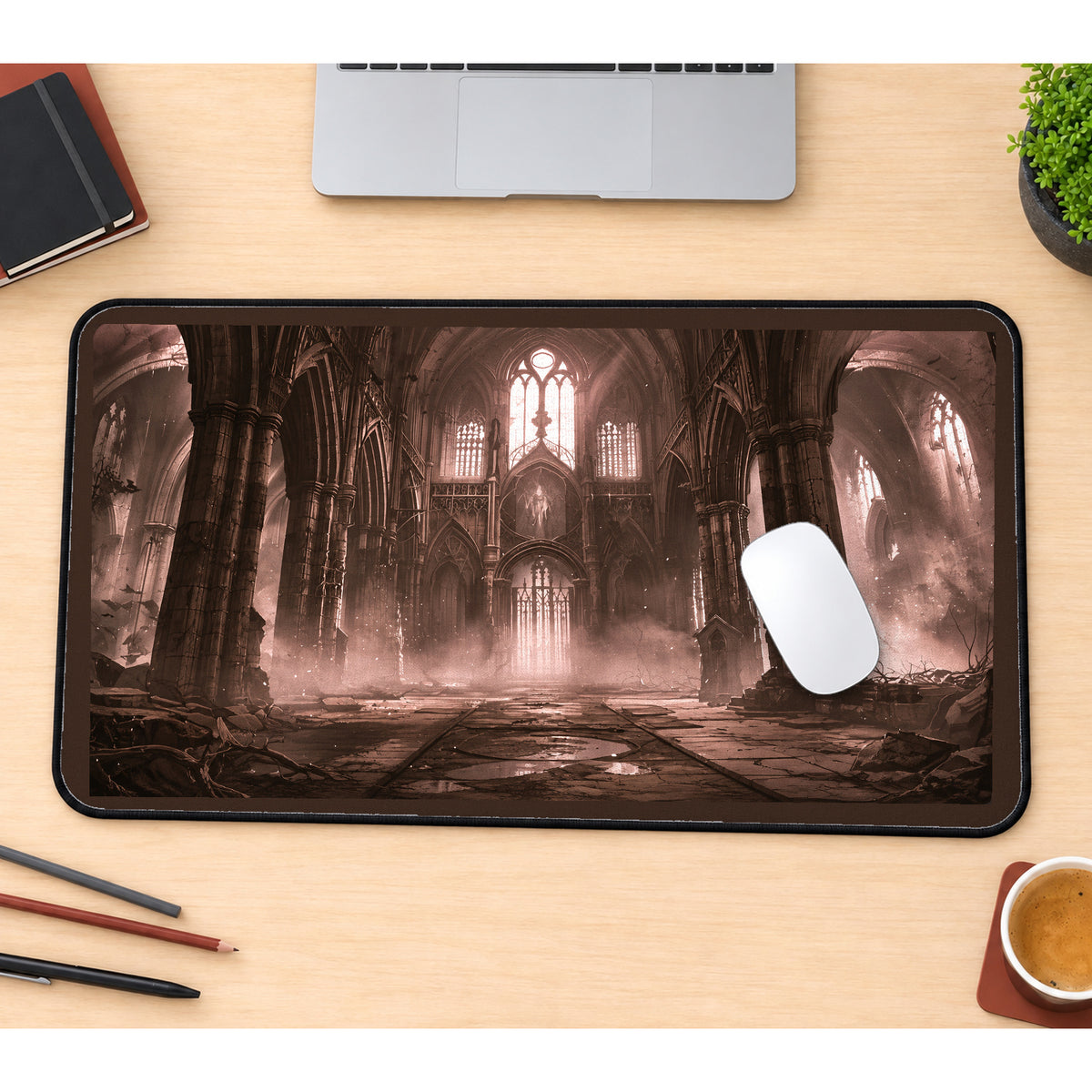 Ruined Cathedral in Rose Light desk mat — product mockup 1