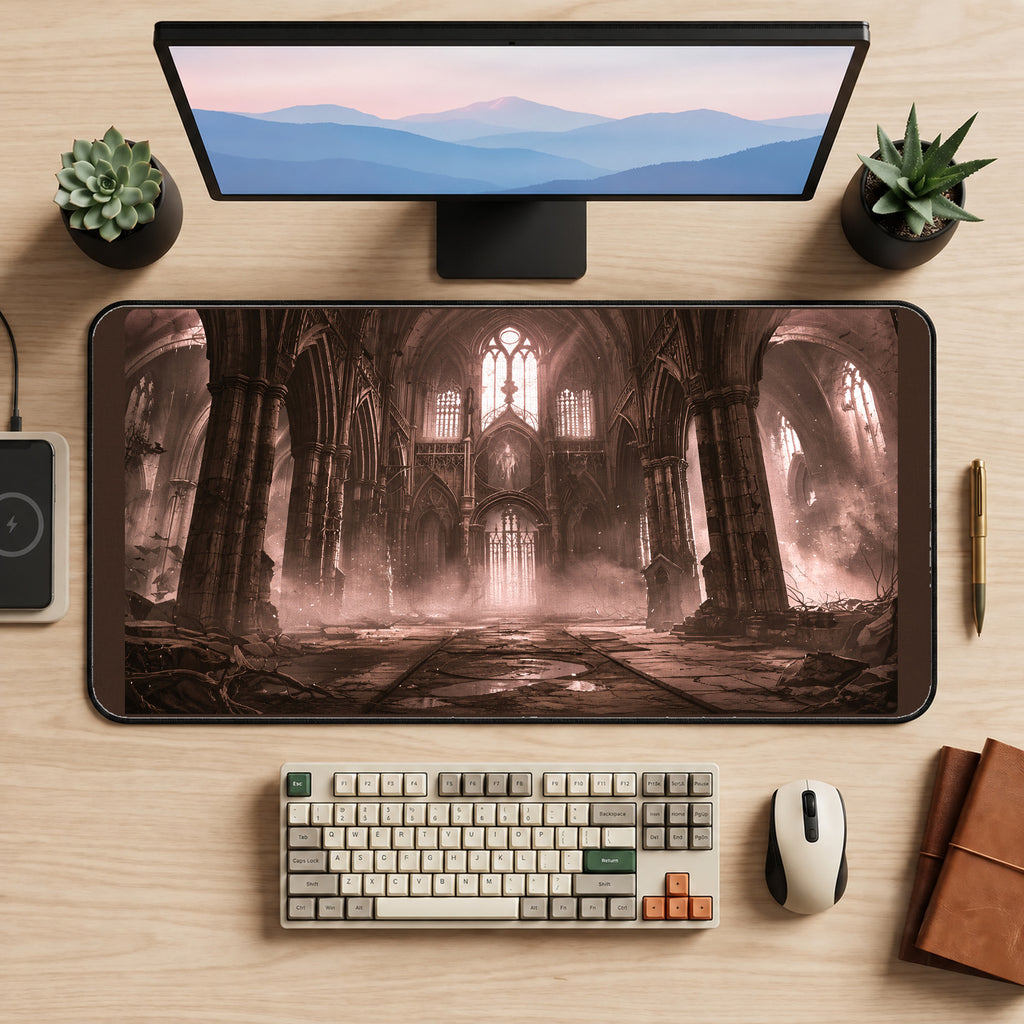 Ruined Cathedral in Rose Light desk mat — product mockup 2