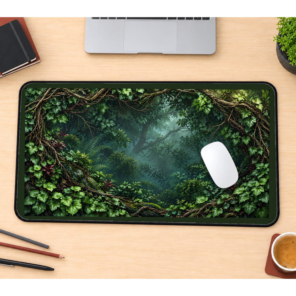 Leafy Arch into a Misty Forest desk mat — product mockup 1