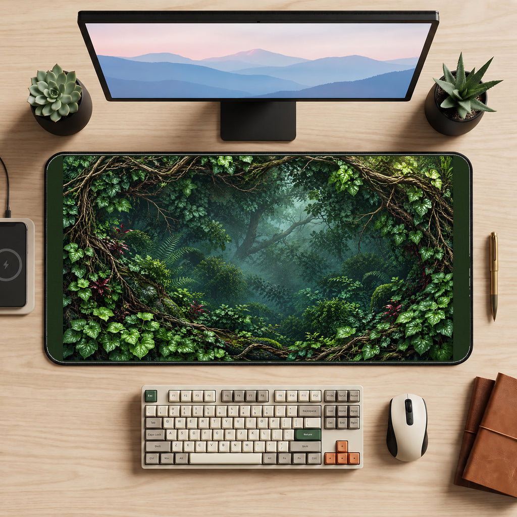 Leafy Arch into a Misty Forest desk mat — product mockup 2