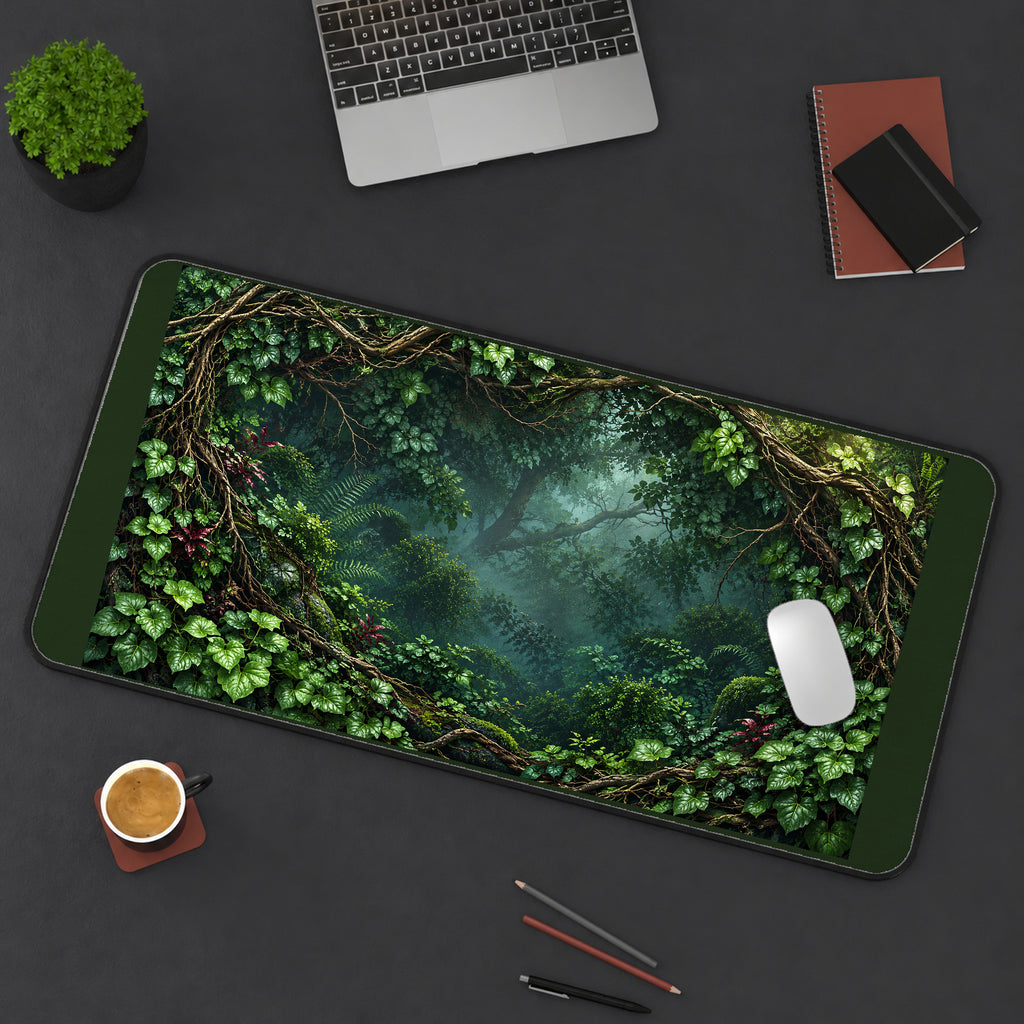 Leafy Arch into a Misty Forest desk mat — product mockup 3