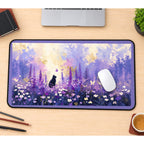 Black Cat among Purple Flowers desk mat — product mockup 1