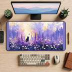 Black Cat among Purple Flowers desk mat — product mockup 2