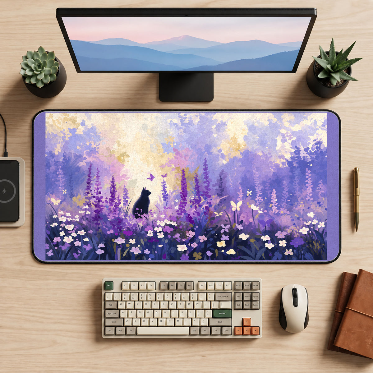 Black Cat among Purple Flowers desk mat — product mockup 2