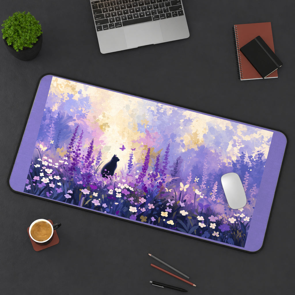 Black Cat among Purple Flowers desk mat — product mockup 3