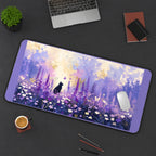 Black Cat among Purple Flowers desk mat — product mockup 3