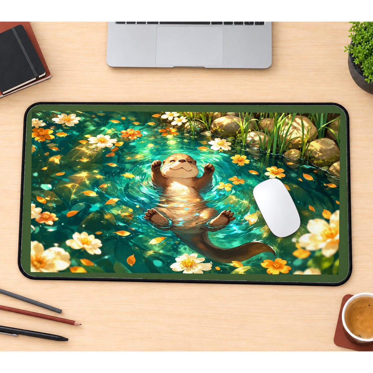 Otter in a Flower Filled Pond desk mat — product mockup 1