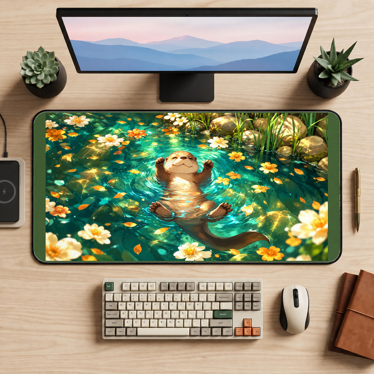 Otter in a Flower Filled Pond desk mat — product mockup 2