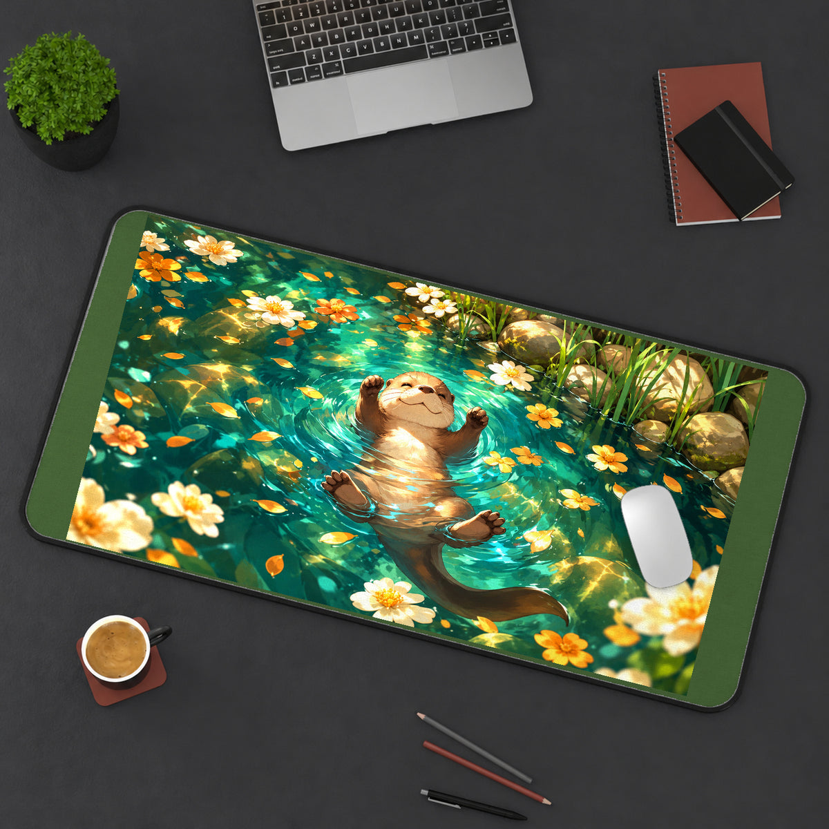 Otter in a Flower Filled Pond desk mat — product mockup 3
