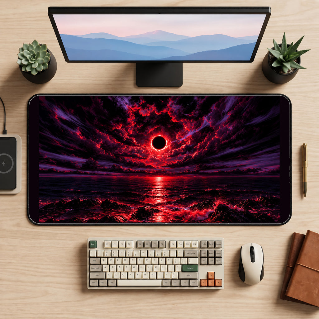 Crimson Eclipse over Dark Water desk mat — product mockup 2