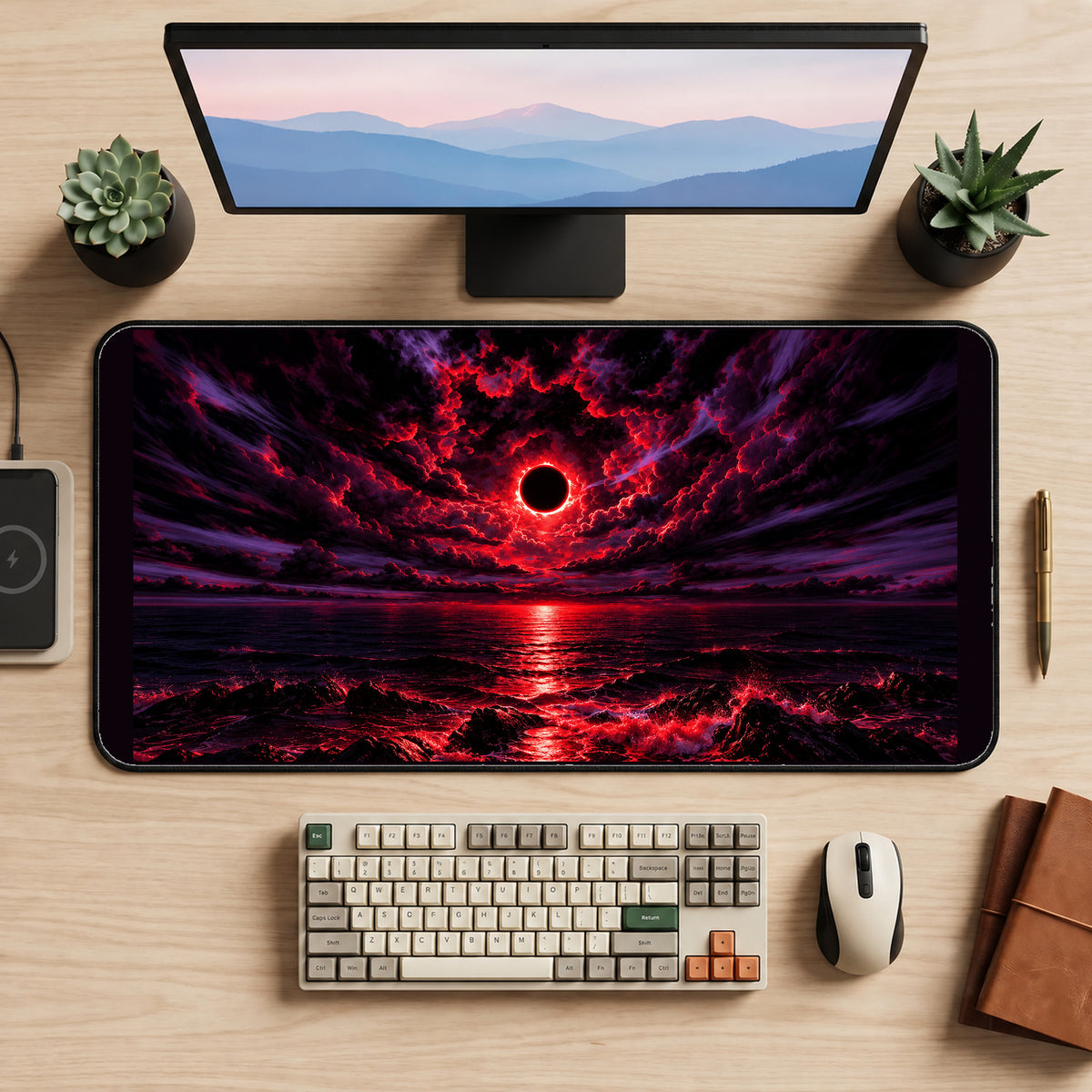 Crimson Eclipse over Dark Water desk mat — product mockup 2