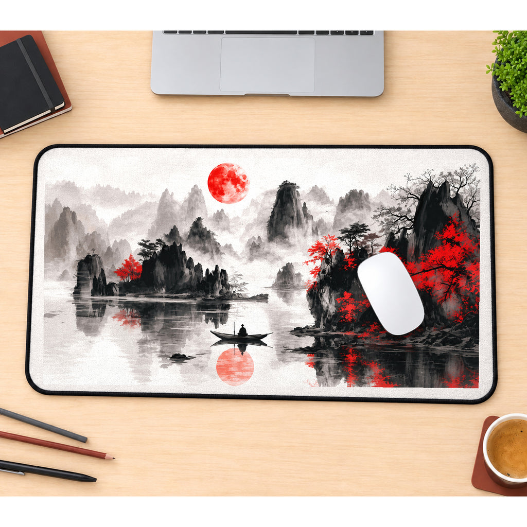 Crimson Moon above Misty Peaks desk mat — product mockup 1