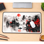 Crimson Moon above Misty Peaks desk mat — product mockup 1