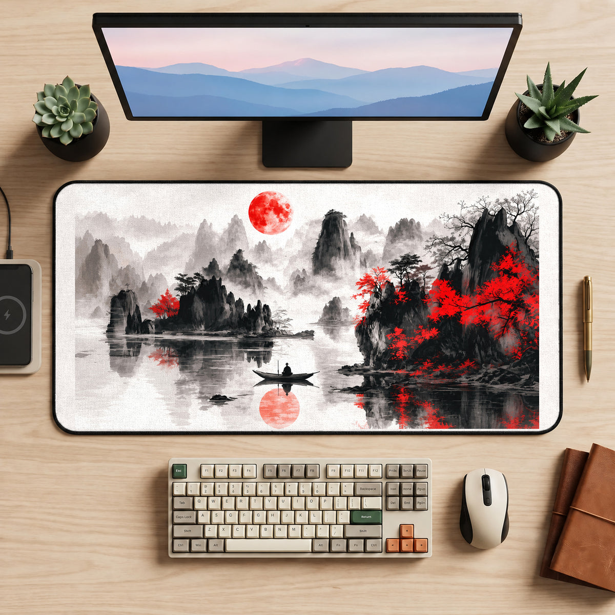 Crimson Moon above Misty Peaks desk mat — product mockup 2