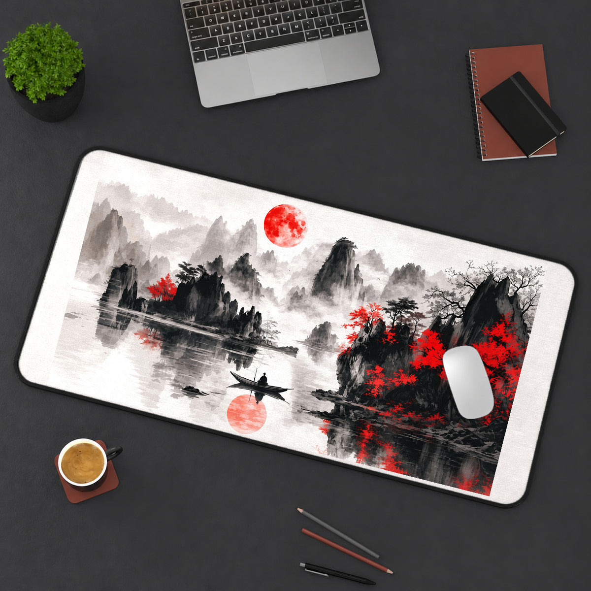 Crimson Moon above Misty Peaks desk mat — product mockup 3