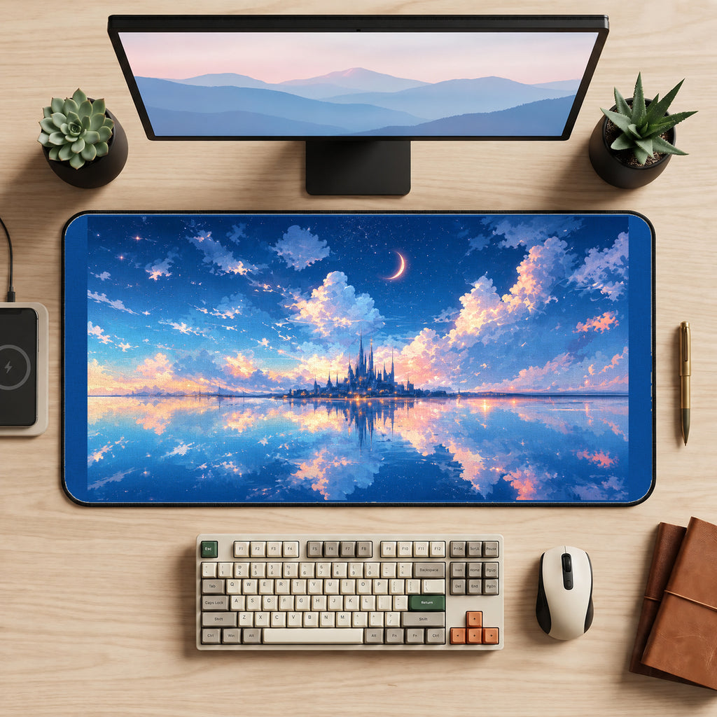Distant Castle above Cloud Reflections desk mat — product mockup 2