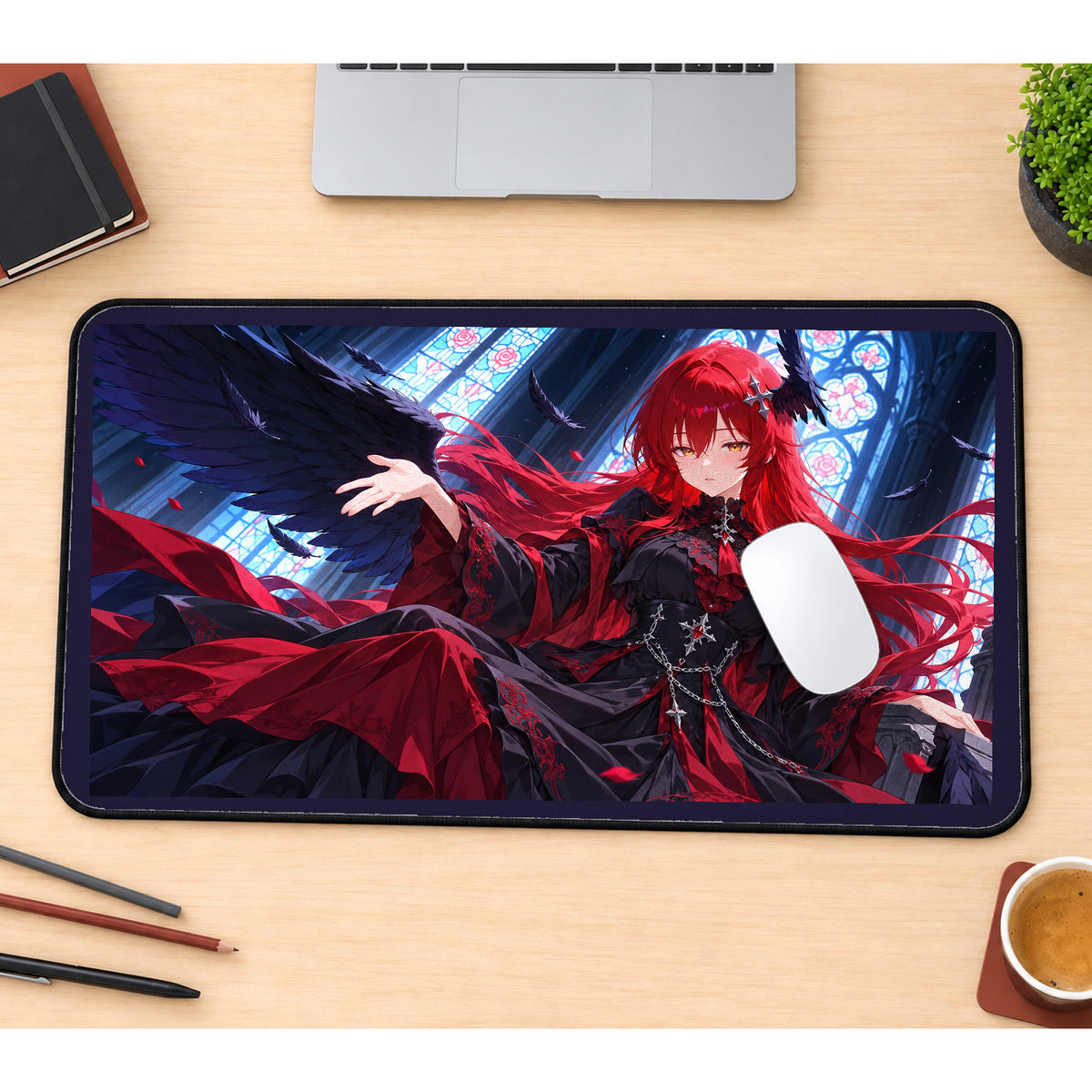 Red Haired Angel in a Cathedral desk mat — product mockup 1