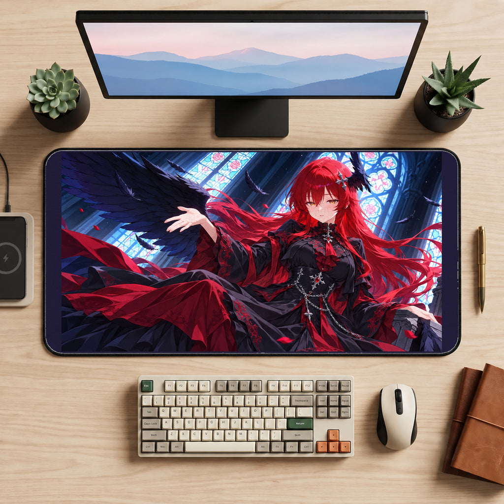 Red Haired Angel in a Cathedral desk mat — product mockup 2