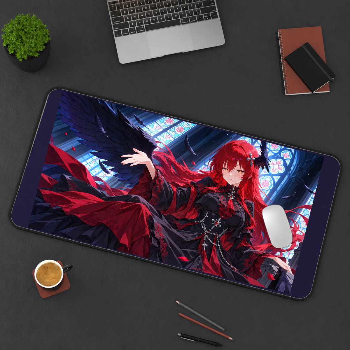 Red Haired Angel in a Cathedral desk mat — product mockup 3