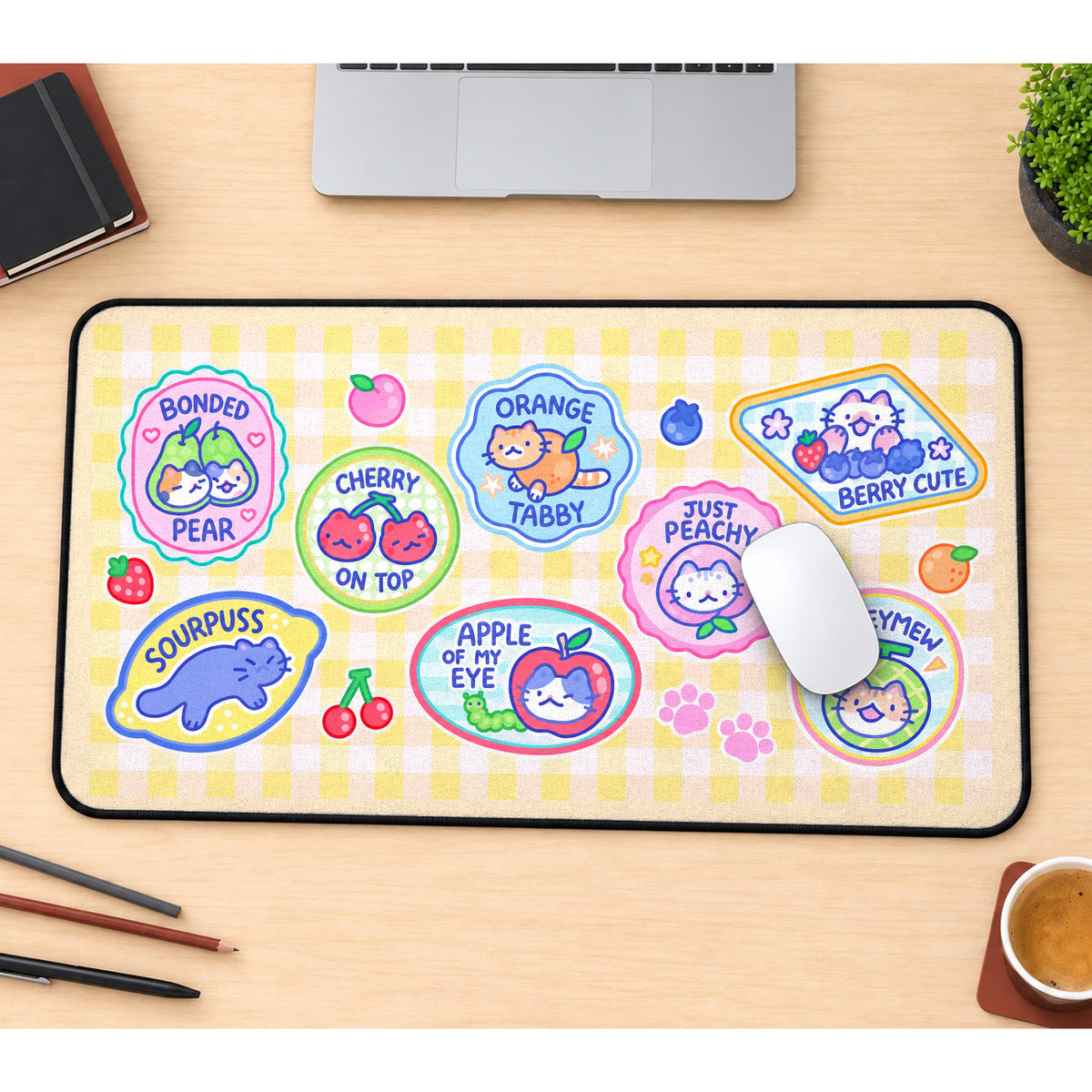 Fruit Cat Pun Stickers desk mat — product mockup 1