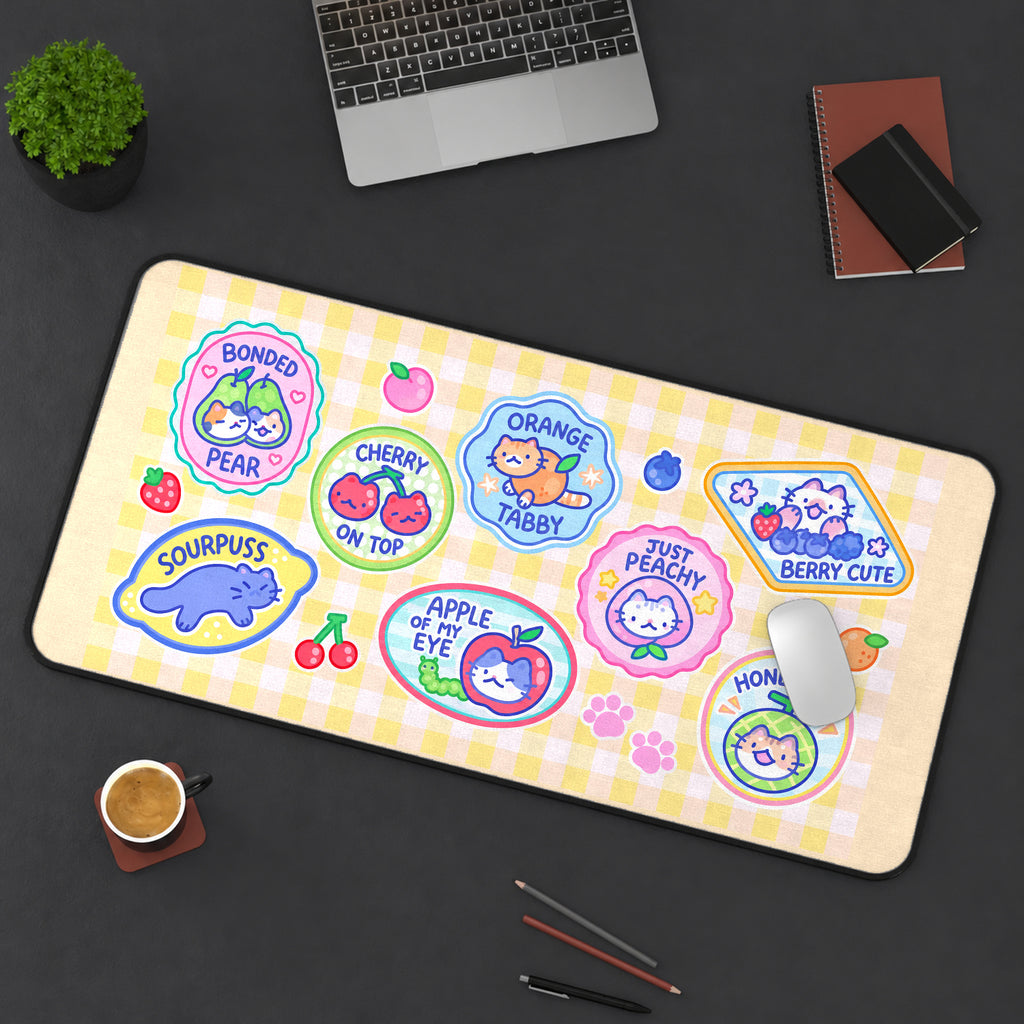 Fruit Cat Pun Stickers desk mat — product mockup 3