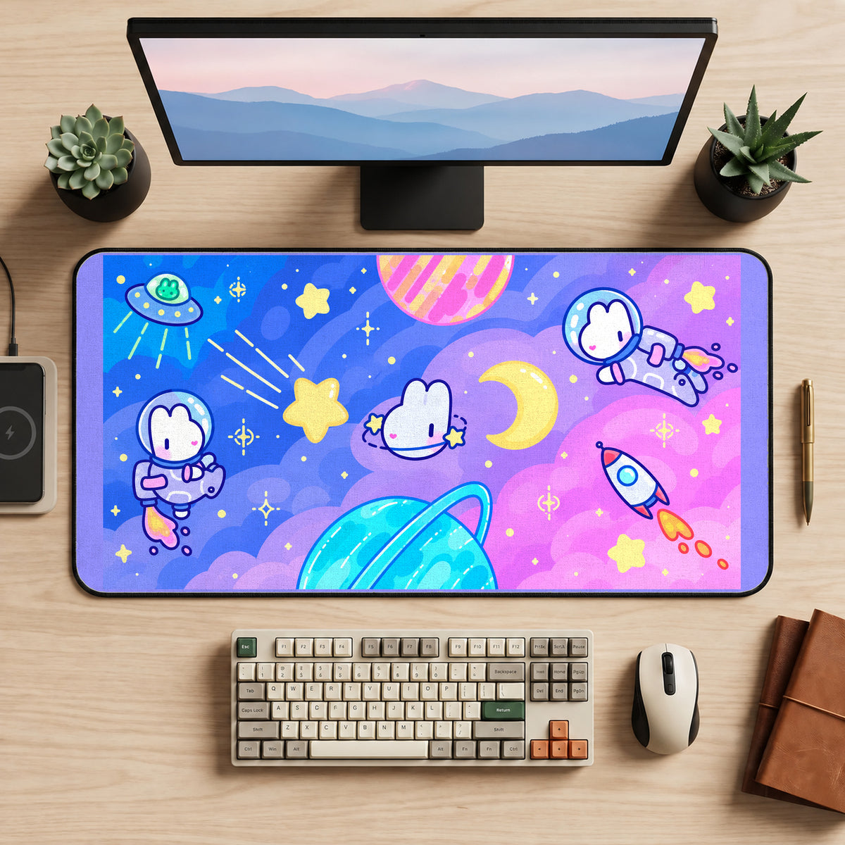 Astronaut Bunnies and Planets desk mat — product mockup 2