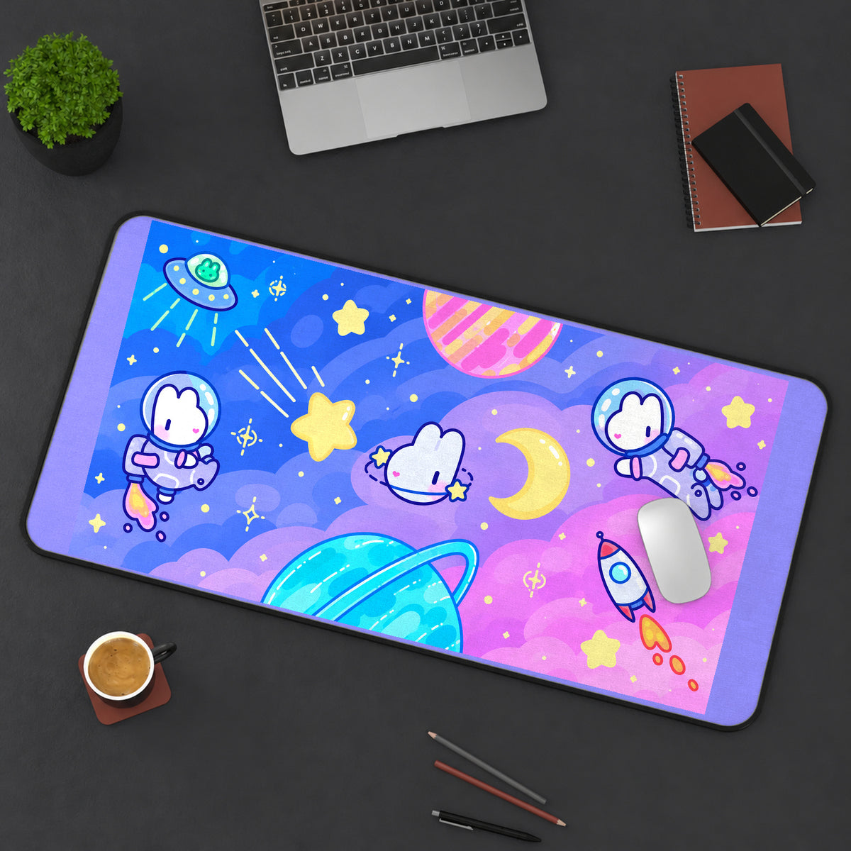 Astronaut Bunnies and Planets desk mat — product mockup 3