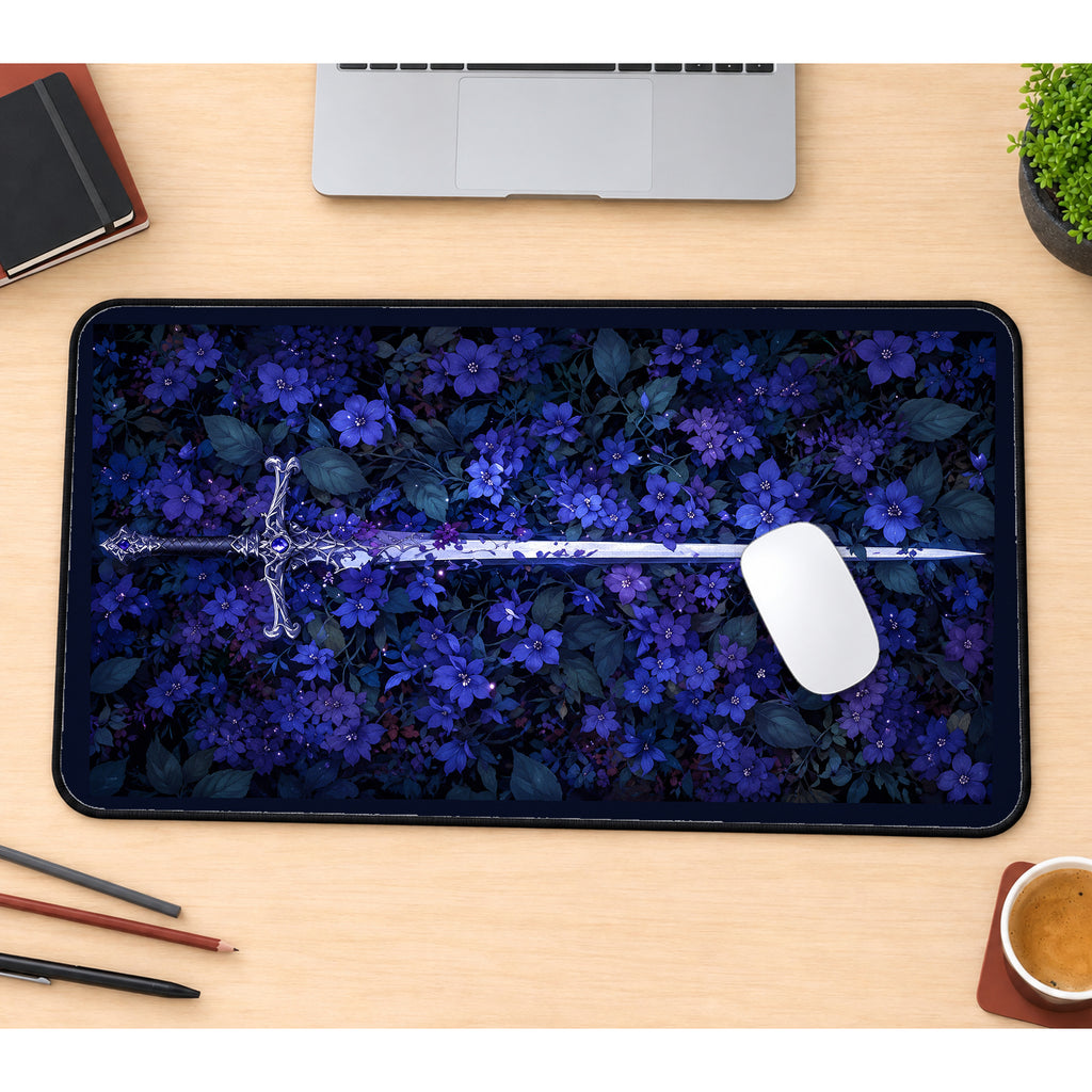 Silver Sword among Purple Flowers desk mat — product mockup 1
