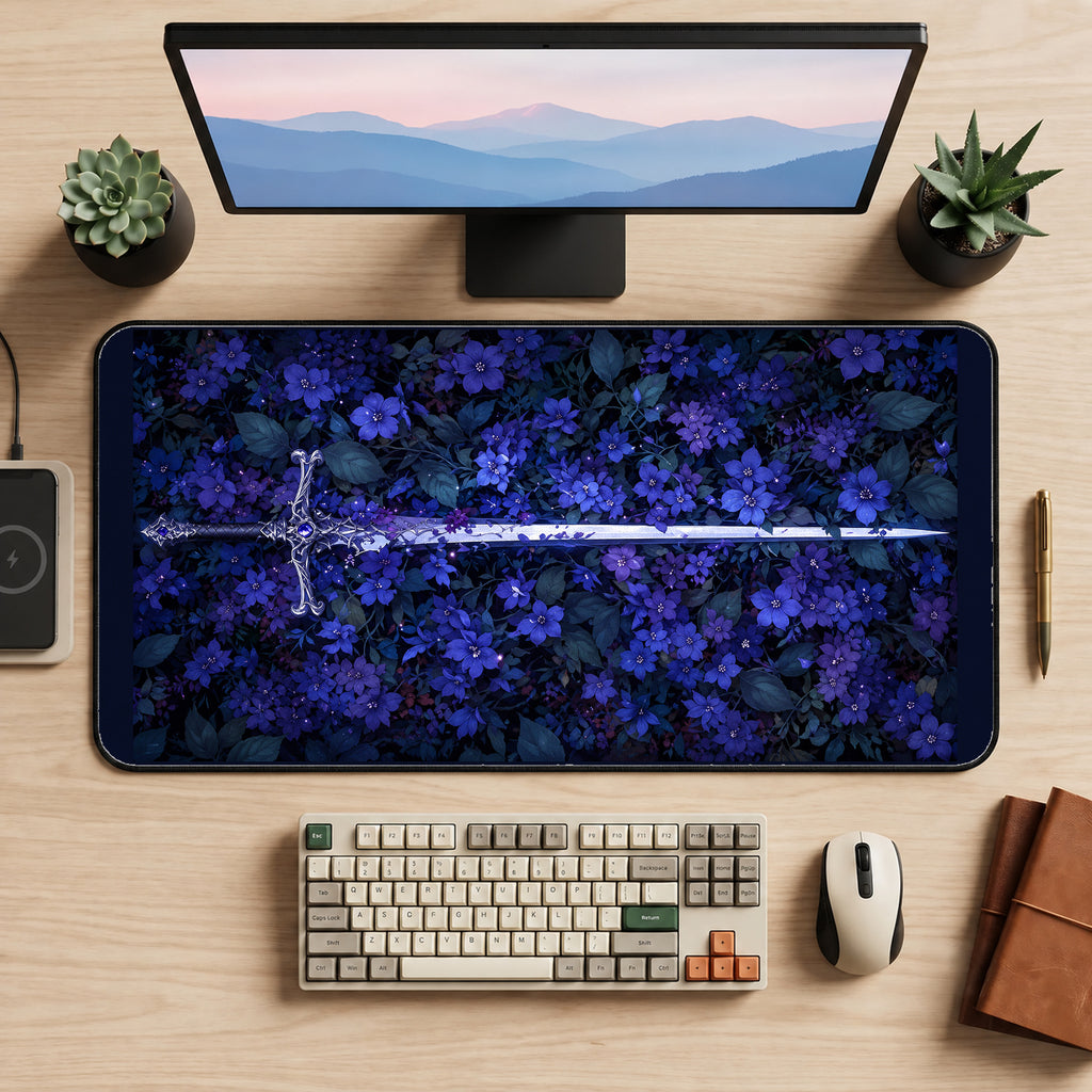 Silver Sword among Purple Flowers desk mat — product mockup 2