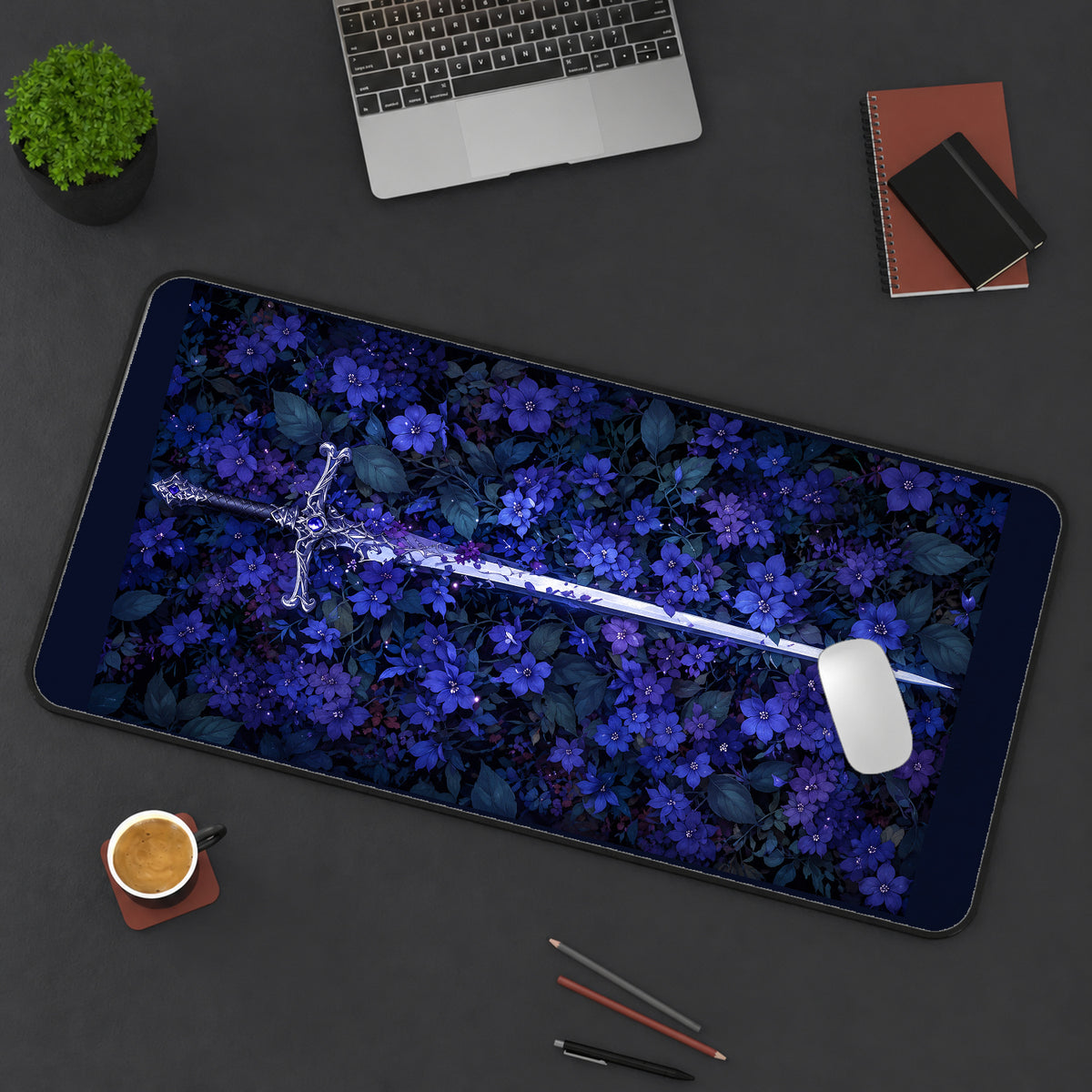 Silver Sword among Purple Flowers desk mat — product mockup 3