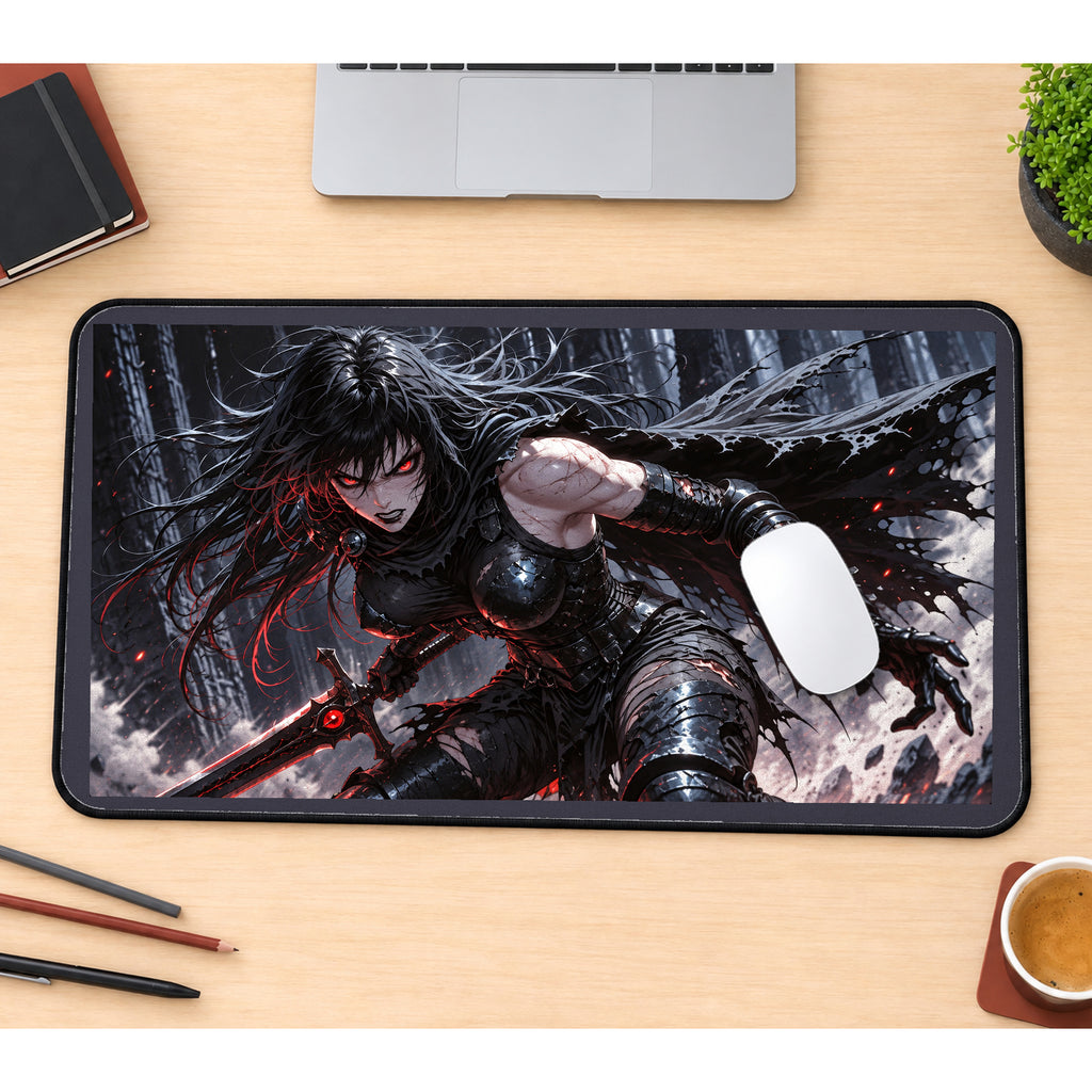Black Armored Sword Warrior desk mat — product mockup 1