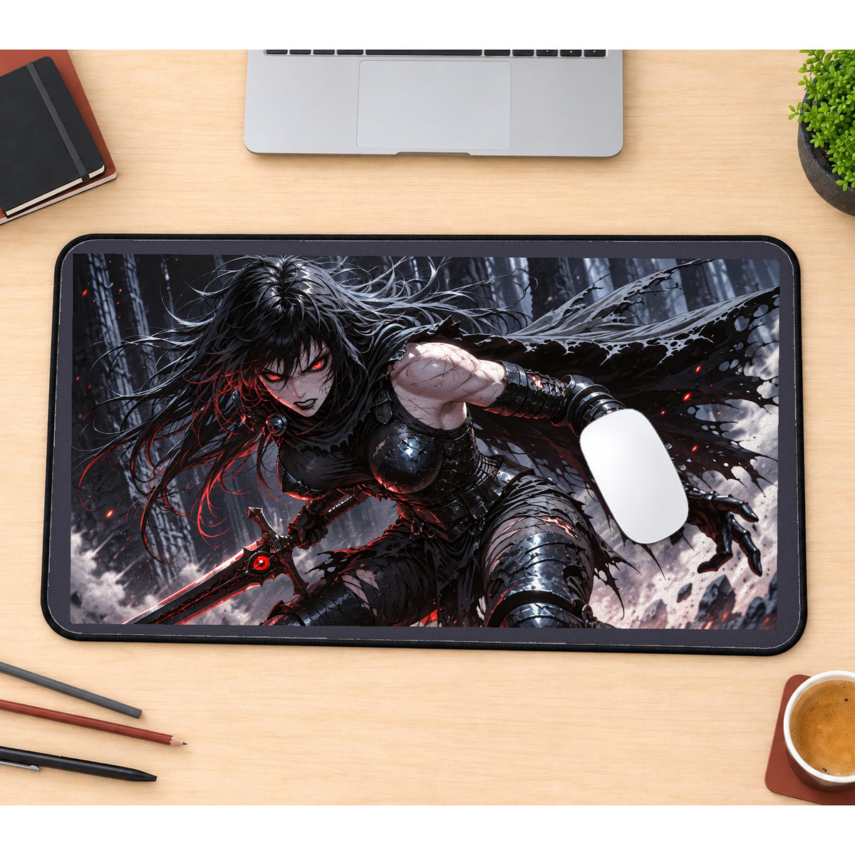 Black Armored Sword Warrior desk mat — product mockup 1