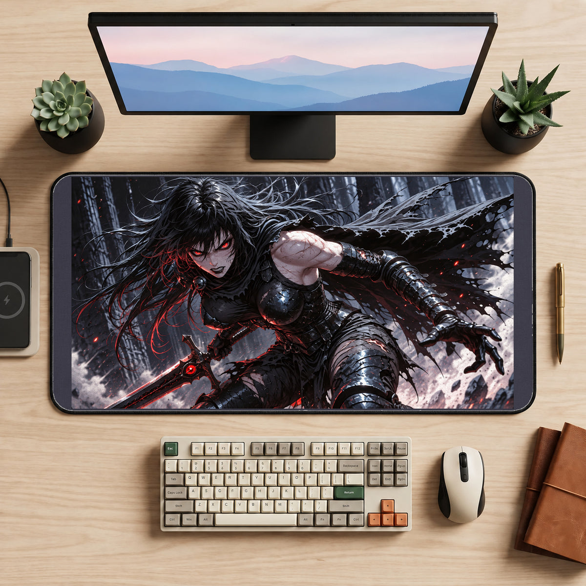 Black Armored Sword Warrior desk mat — product mockup 2