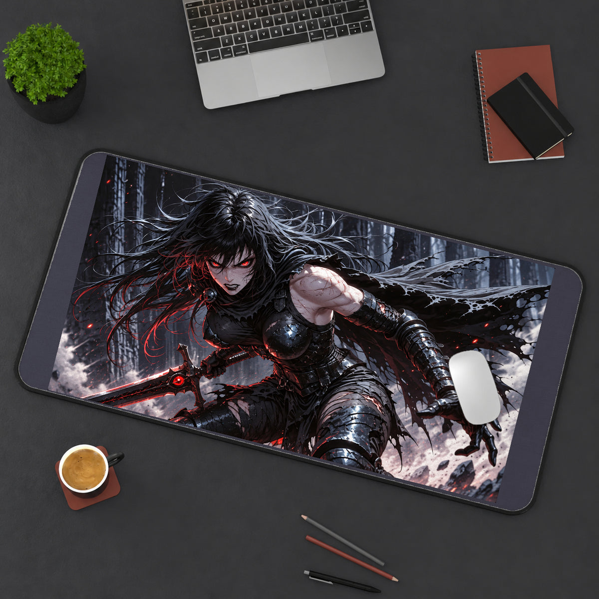 Black Armored Sword Warrior desk mat — product mockup 3