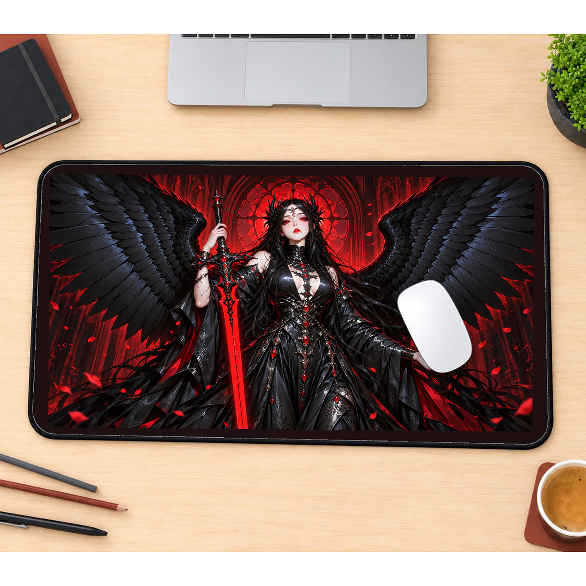 Black Winged Angel with a Sword desk mat — product mockup 1