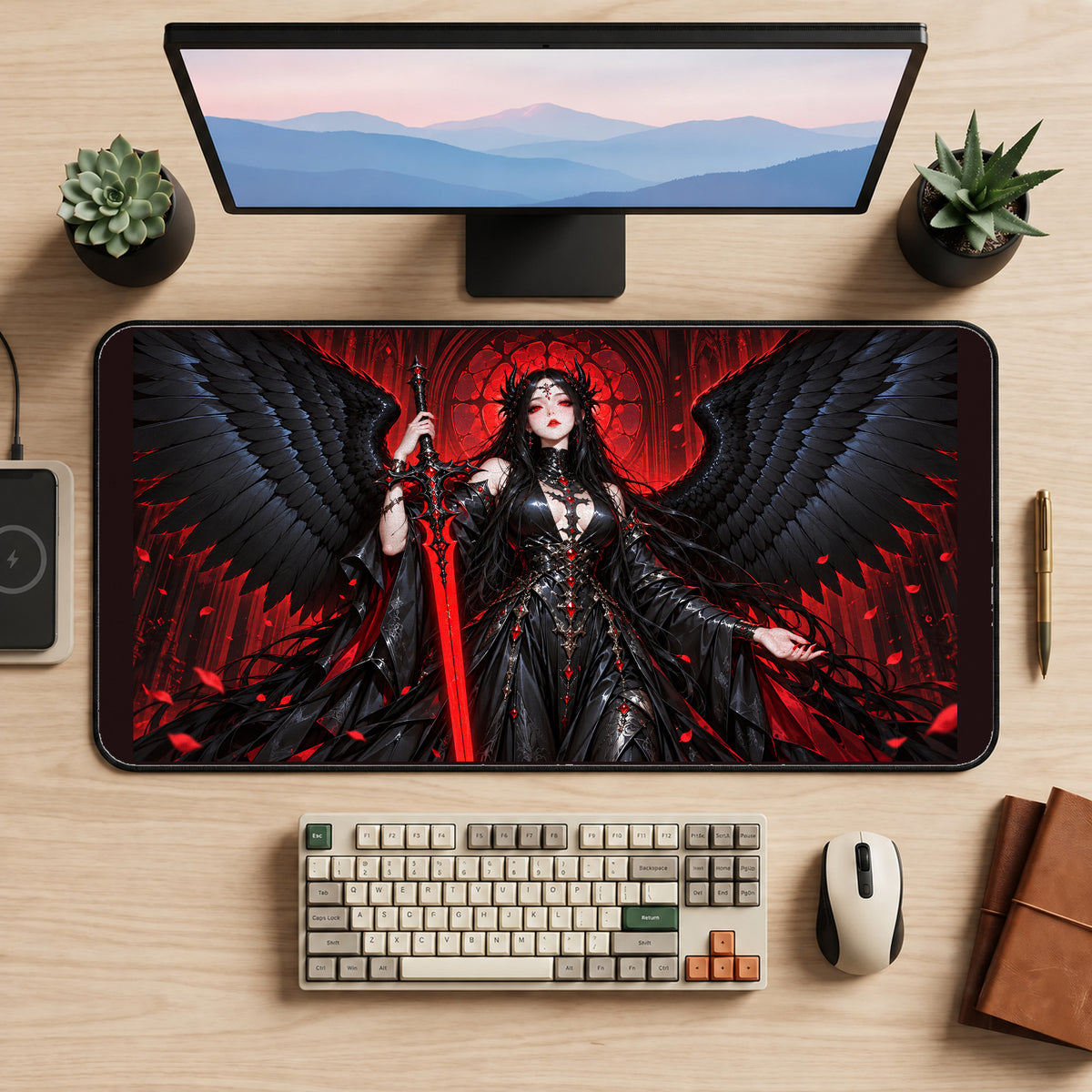 Black Winged Angel with a Sword desk mat — product mockup 2