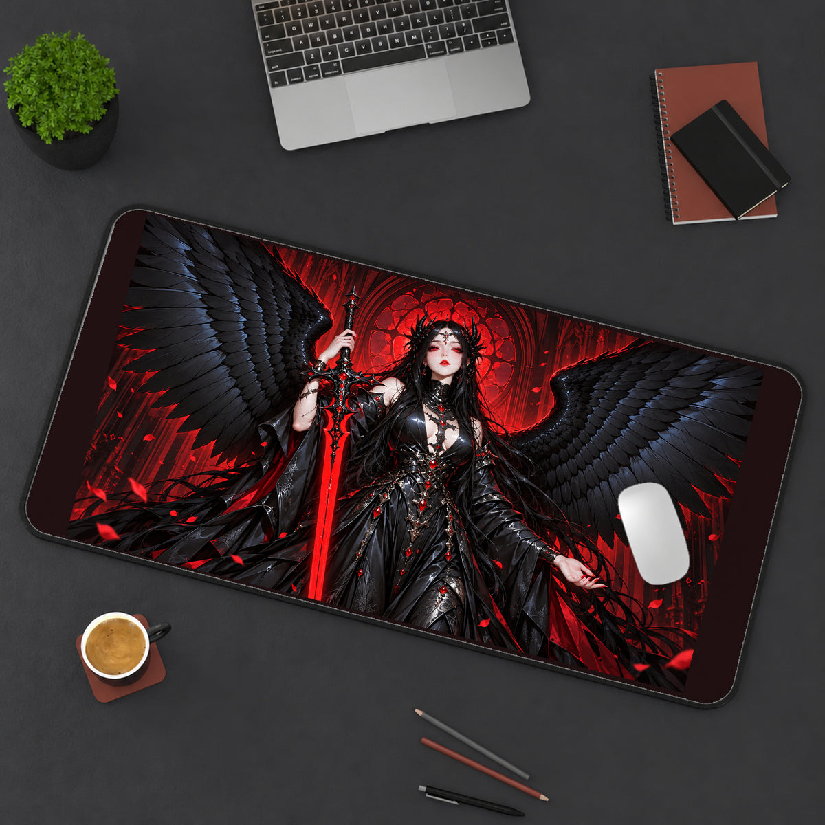 Black Winged Angel with a Sword desk mat — product mockup 3