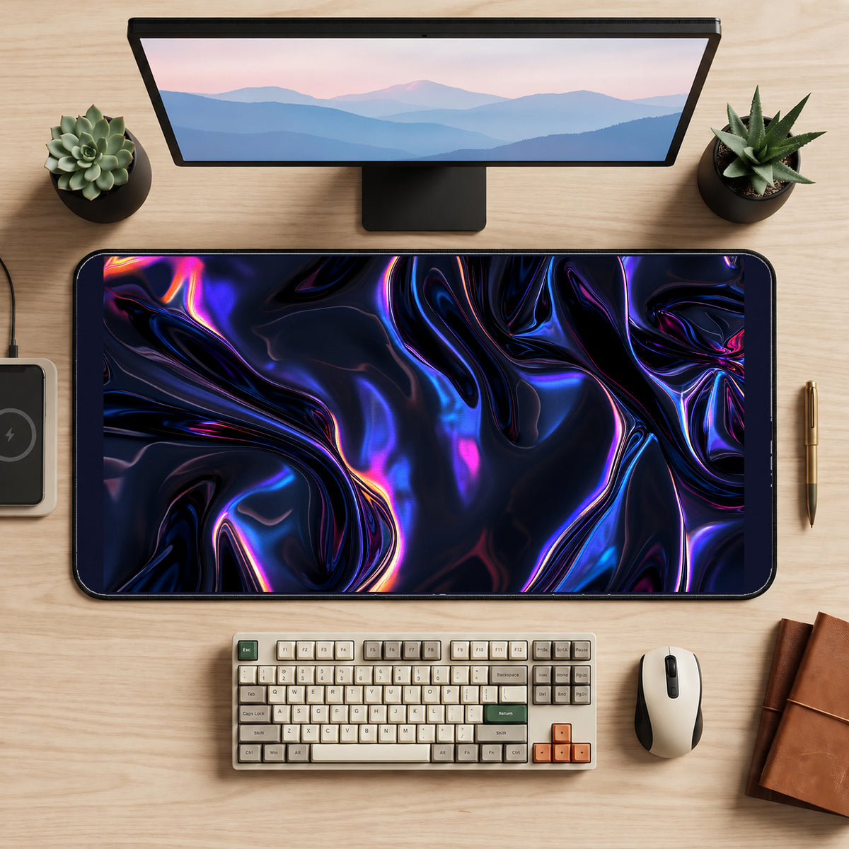 Purple and Blue Liquid Folds desk mat — product mockup 2