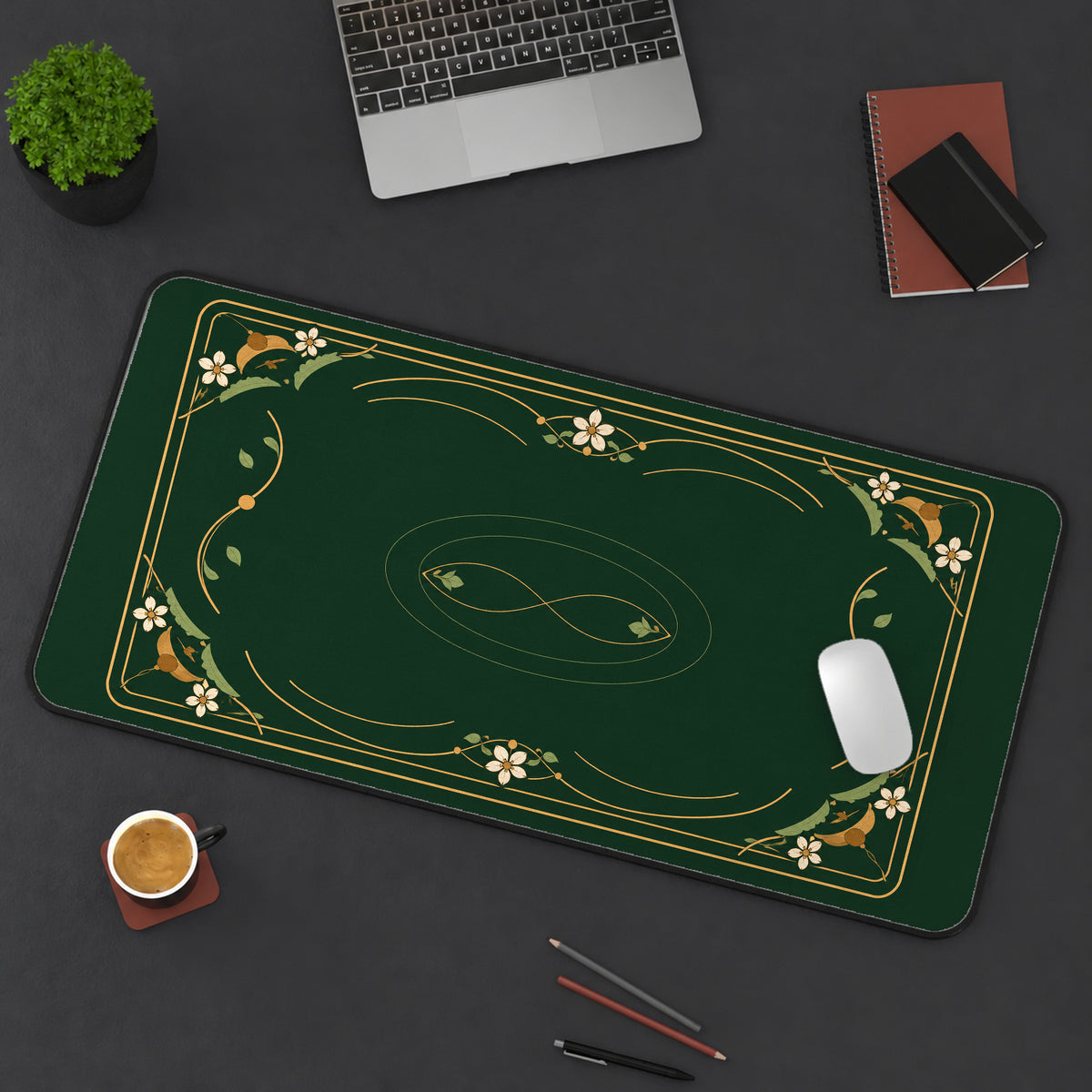 Moss Green Floral Border desk mat — product mockup 3