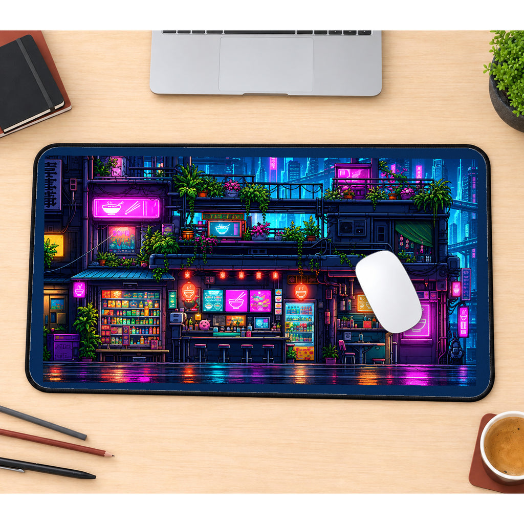 Neon Ramen Shop at Night desk mat — product mockup 1