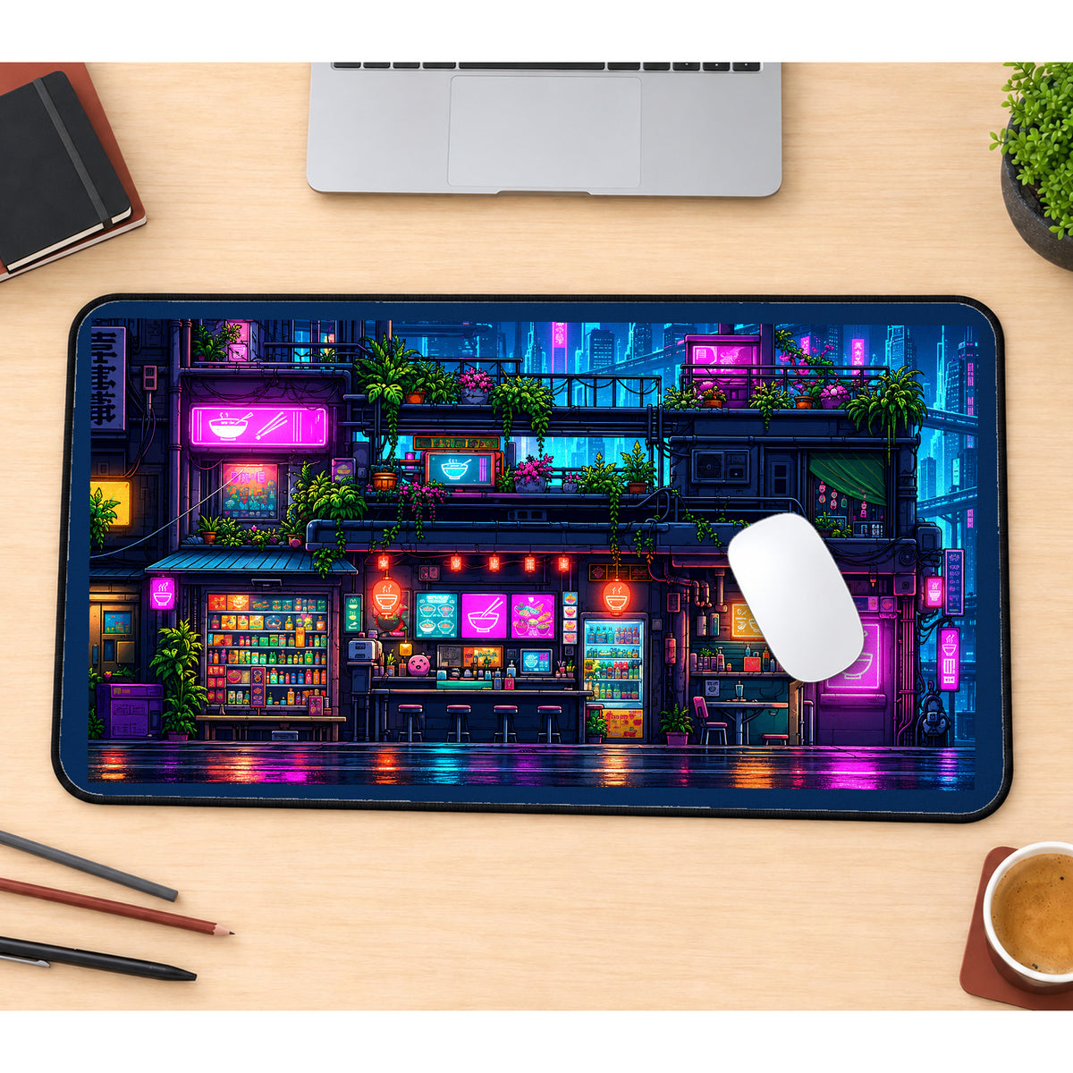 Neon Ramen Shop at Night desk mat — product mockup 1