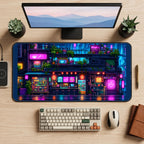 Neon Ramen Shop at Night desk mat — product mockup 2
