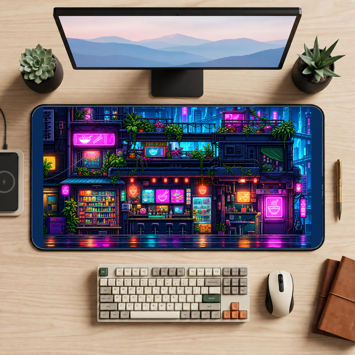 Neon Ramen Shop at Night desk mat — product mockup 2