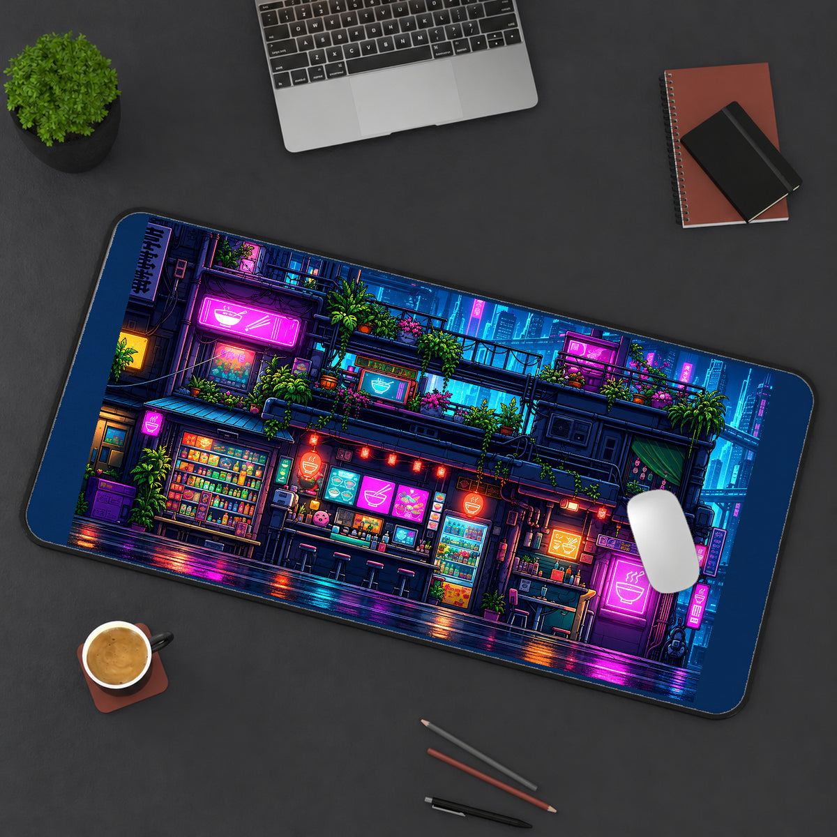 Neon Ramen Shop at Night desk mat — product mockup 3
