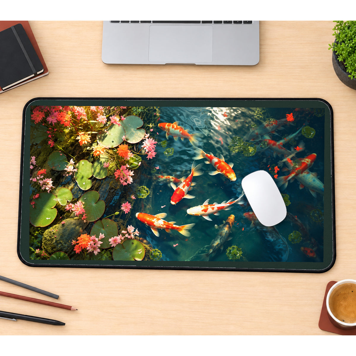 Koi Fish among Pond Flowers desk mat — product mockup 1