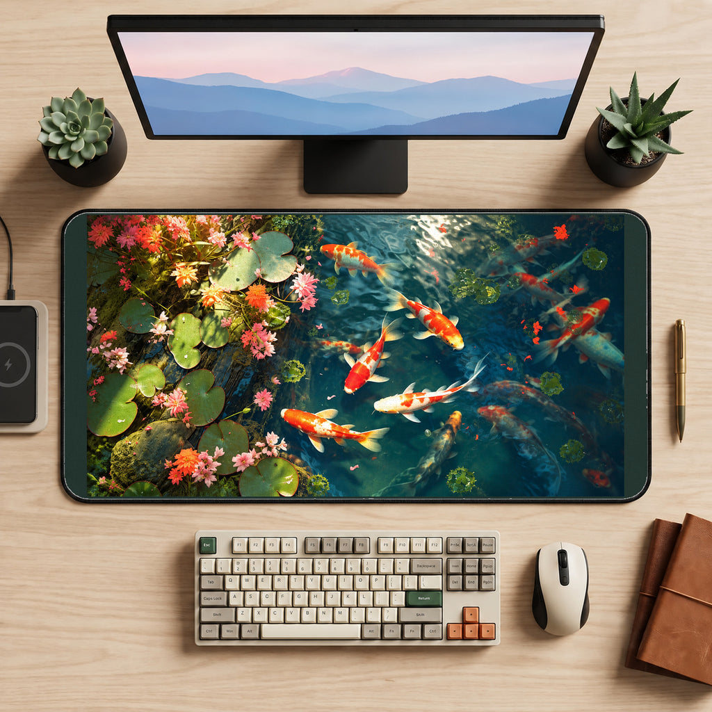 Koi Fish among Pond Flowers desk mat — product mockup 2