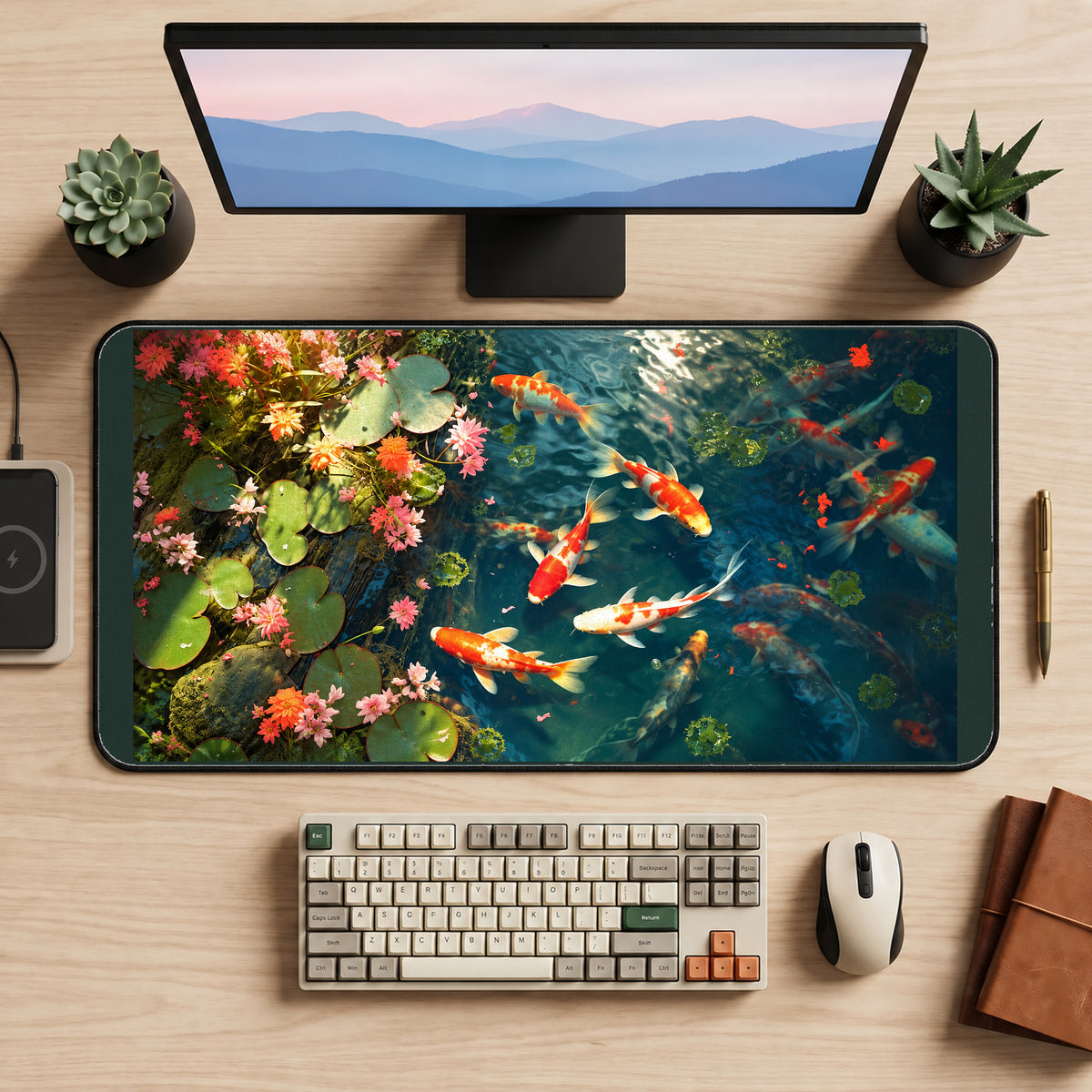 Koi Fish among Pond Flowers desk mat — product mockup 2