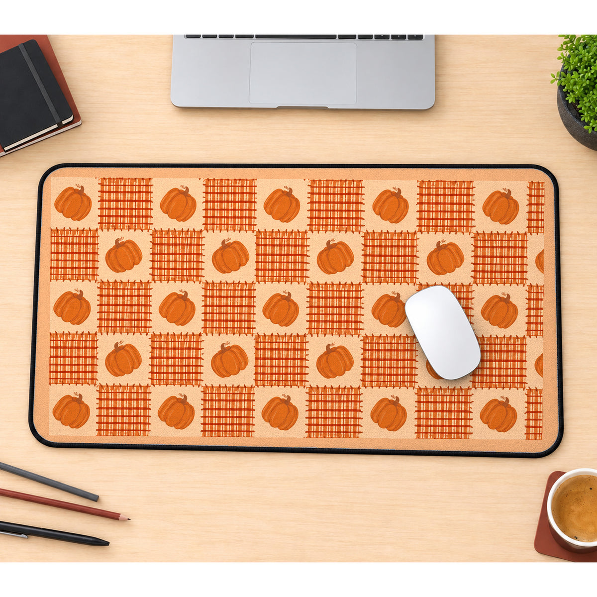 Pumpkins and Rust Plaid Squares desk mat — product mockup 1