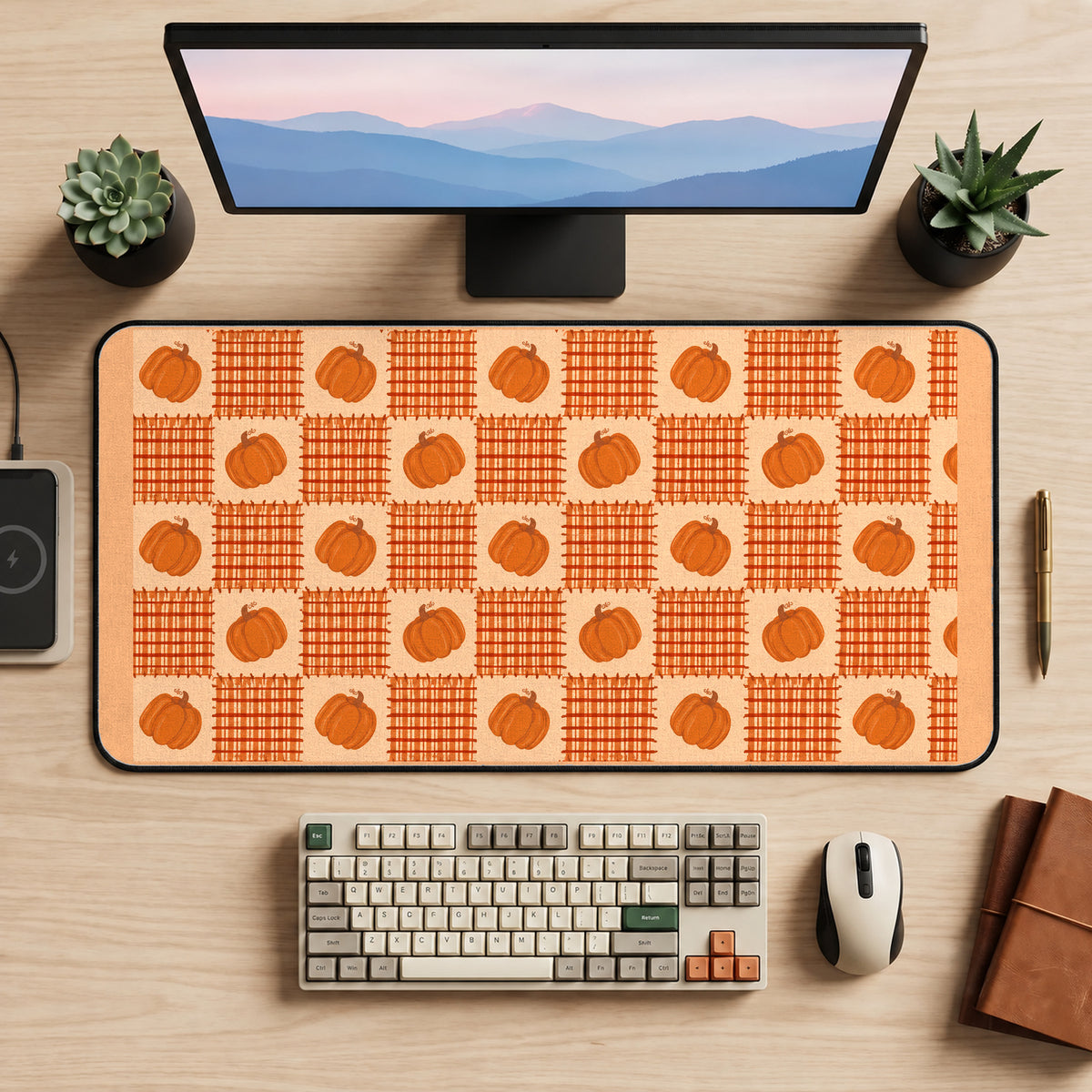 Pumpkins and Rust Plaid Squares desk mat — product mockup 2